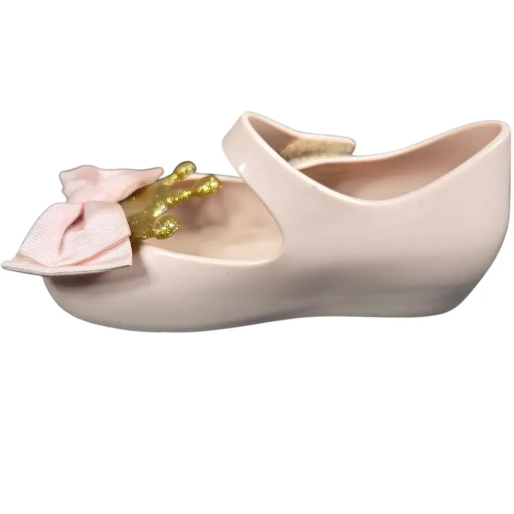 Mini Melissa Mary Janes Toddler 7 Pink Ribbon Bow Gold Crown Fairy Tale Princess